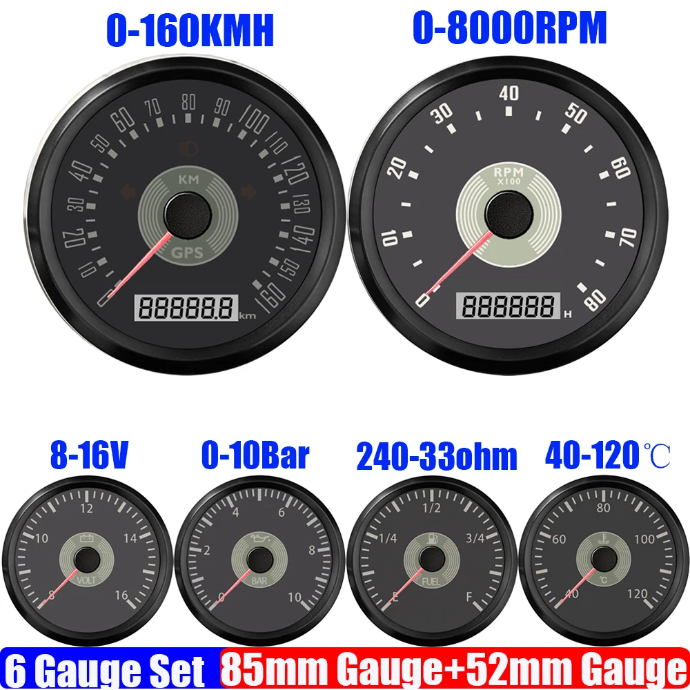 

ZMFJH 6 Gauge Set 85mm GPS Speedometer 0-8000RPM Tachometer + 52mm Water Temp Oil Pressure Fuel Level Voltmeter with Backlight
