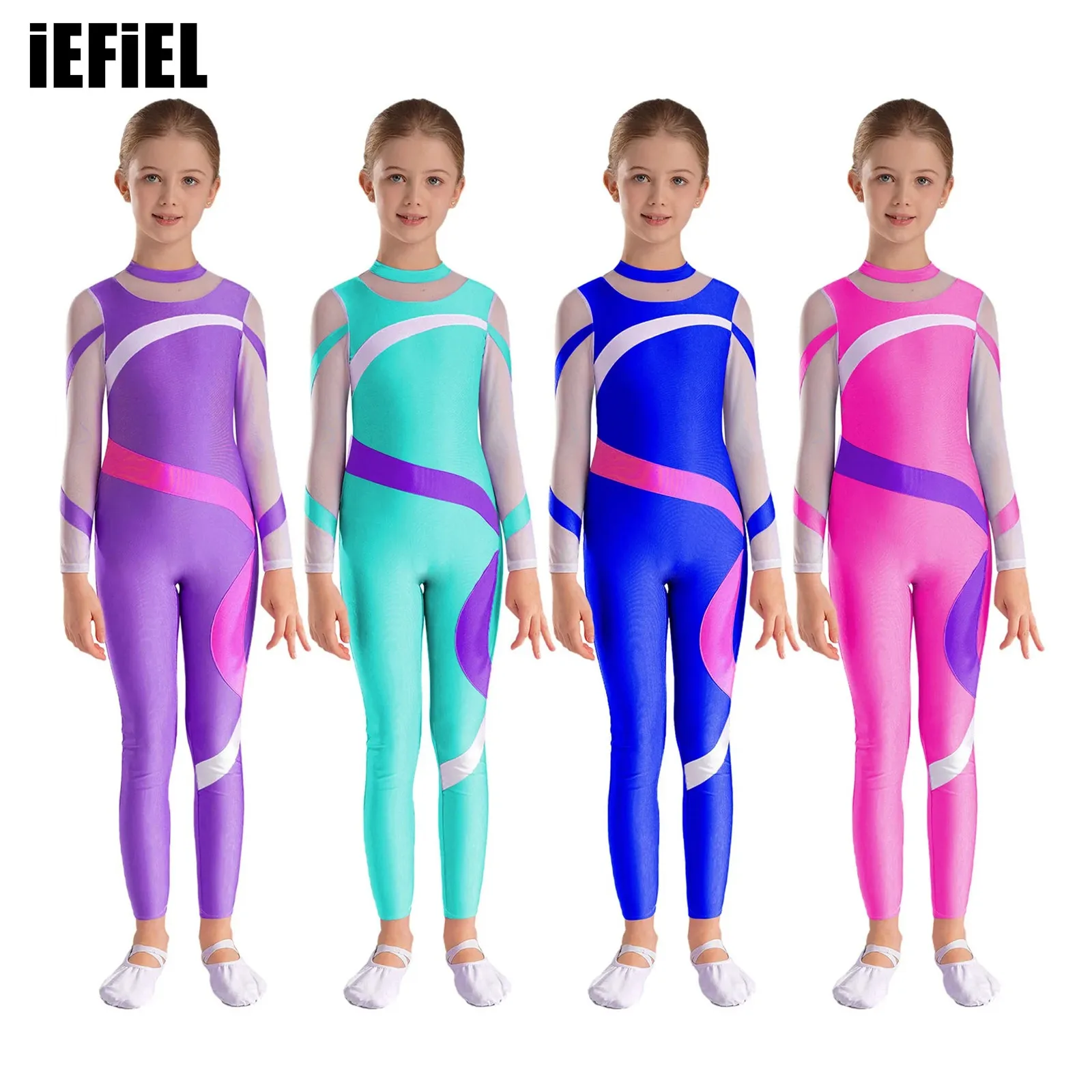 

Kids Girls Contrast Color Jumpsuit Sheer Mesh Patchwork Long Sleeve Keyhole Back Bodysuit for Figure Skating Dance Gymnastics