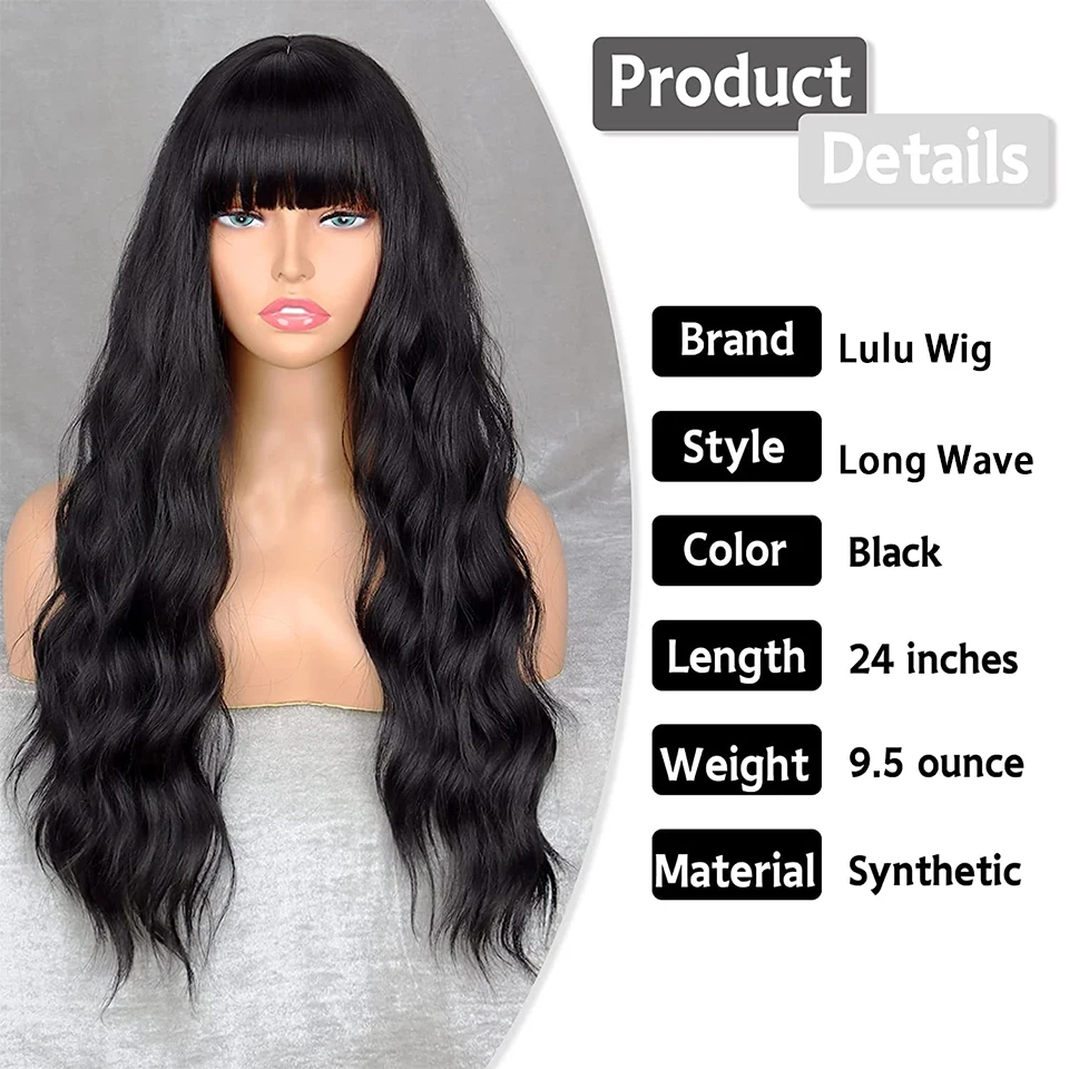 Black Wig with Bangs Long Black Wavy Wigs for Women Synthetic Wigs Black Curly Hair Wig for Girls Daily Party Use