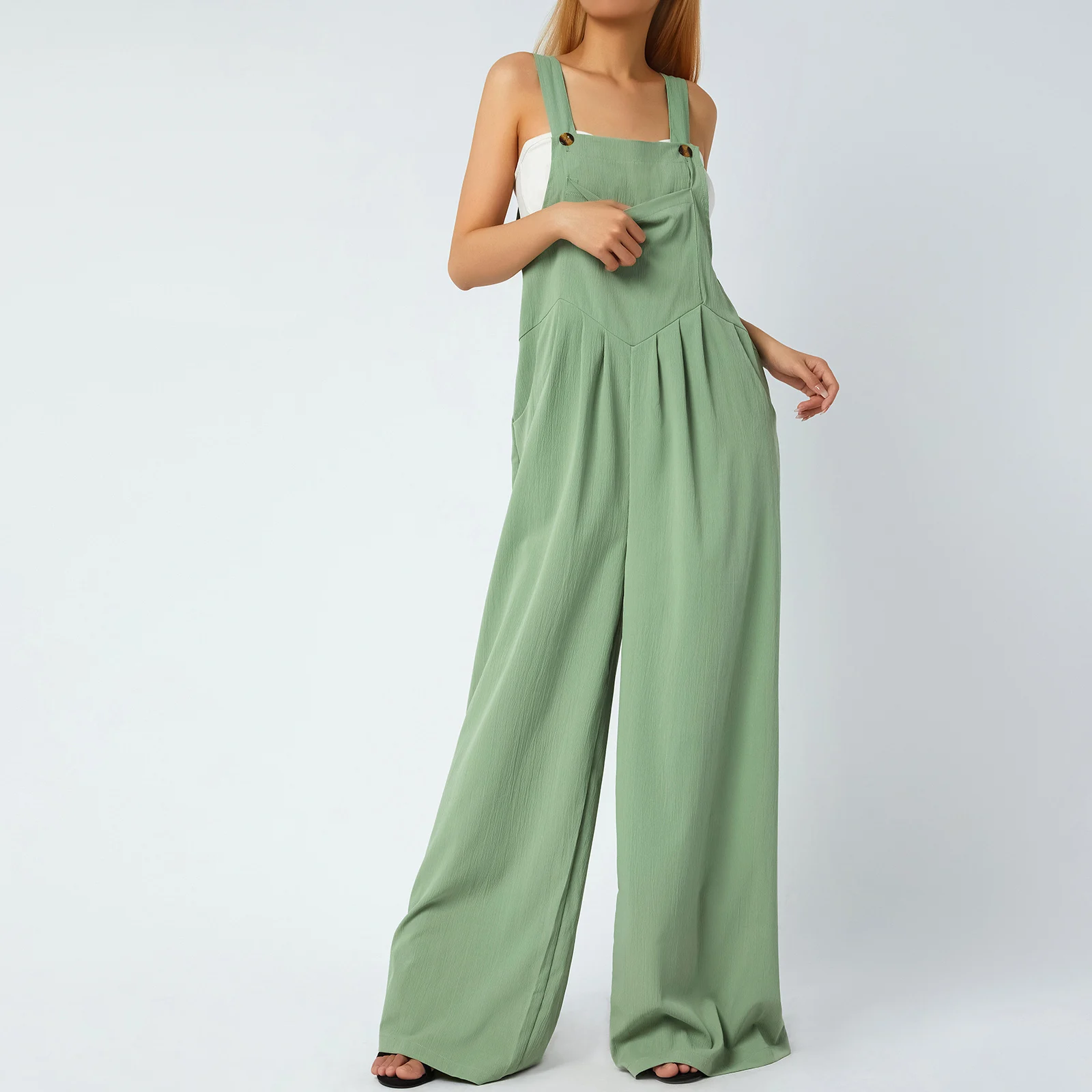 Women Casual Loose Sleeveless Jumpsuits Solid Color Long Baggy Pants Wide Leg Full Length Rompers with Pockets