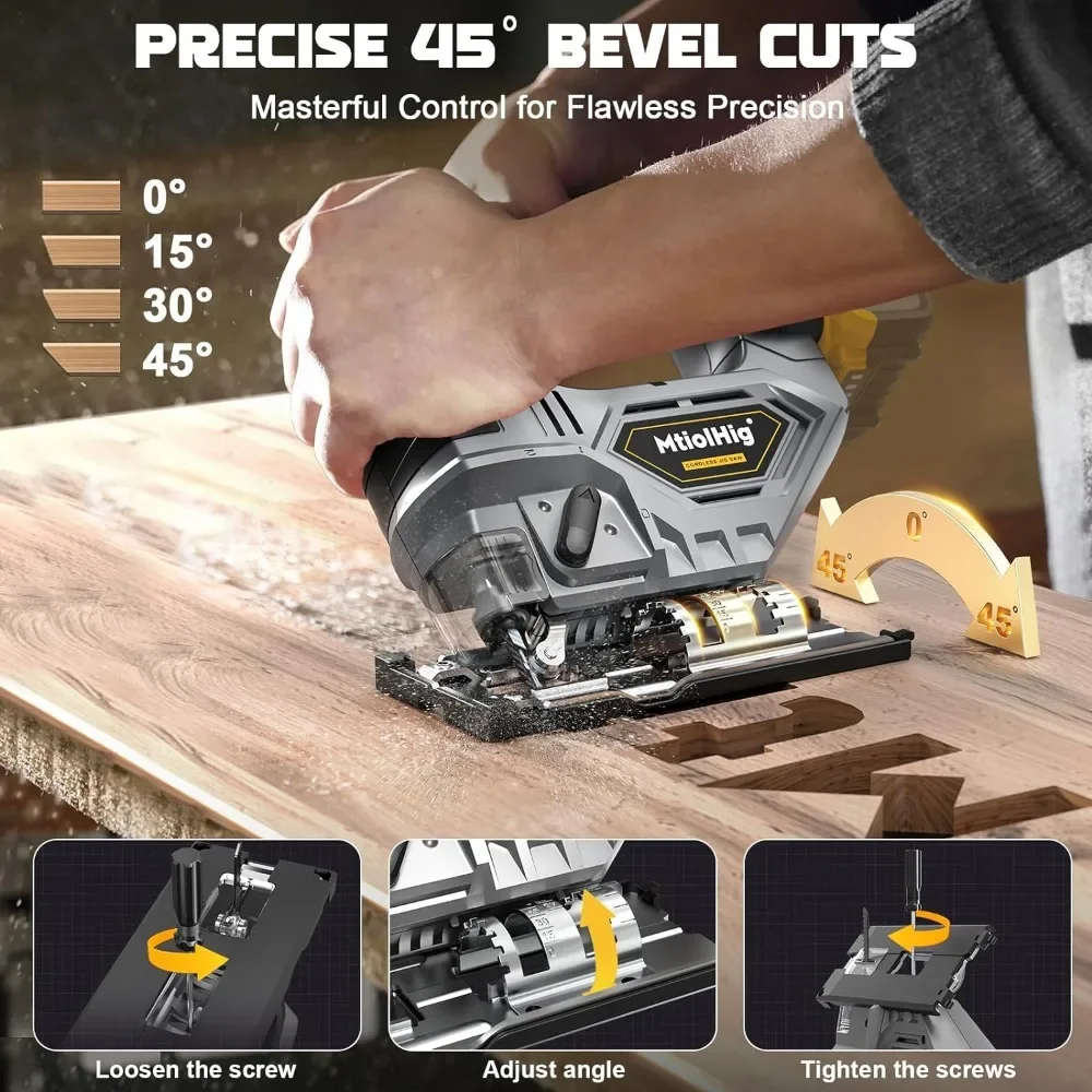 Jig Saw sem fio Brushless Jigsaw Tool, velocidade variável, iluminação LED, 0 °-45 ° Cortes chanfrados