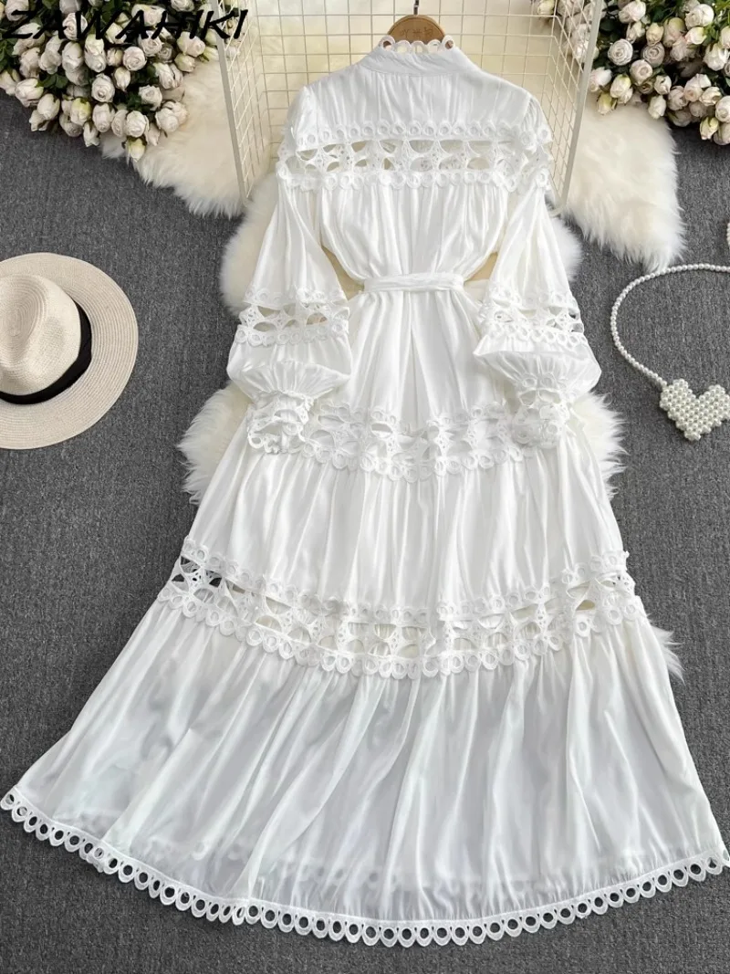 Hollow Out Lace Bow White Long Dress Lantern Sleeve Stand Neck Vestidos Temperament Solid Female Clothes Pleated Ropa Mujer