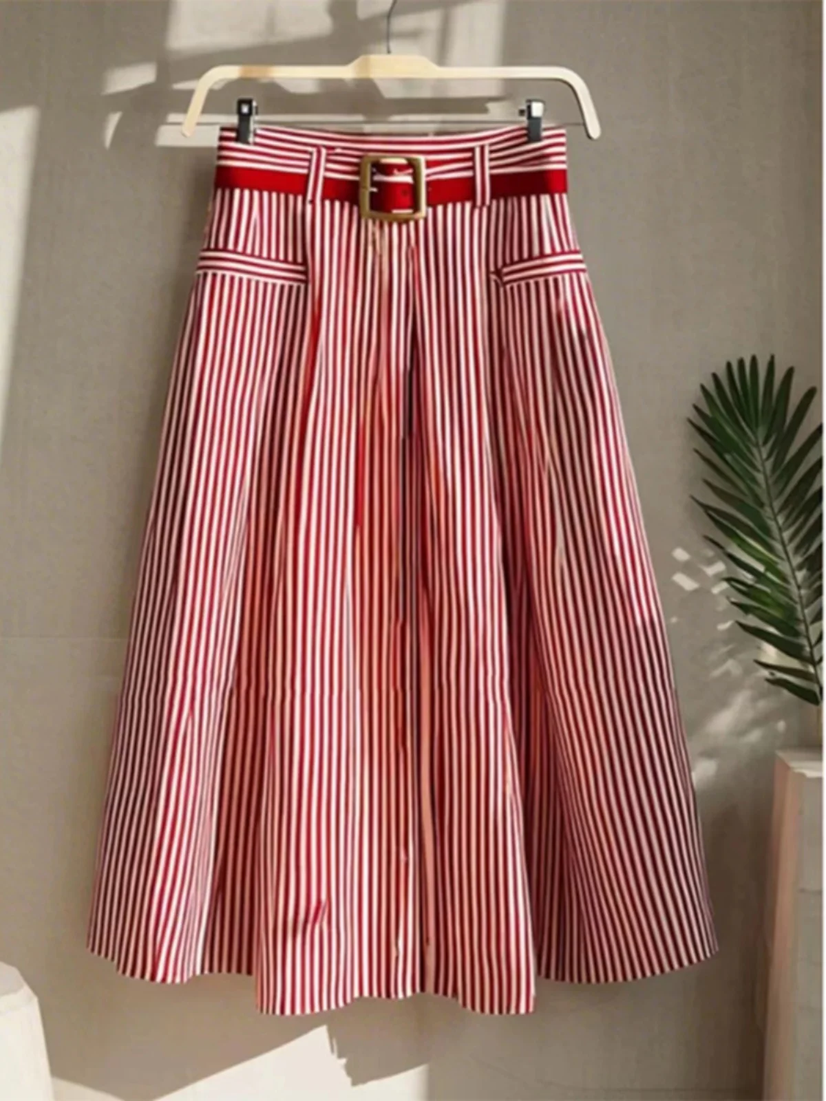 Red Vertical Striped High Waist Loose Women's Midi Skirt Autumn Early Forest System Artistic Personality A-Line Skirt