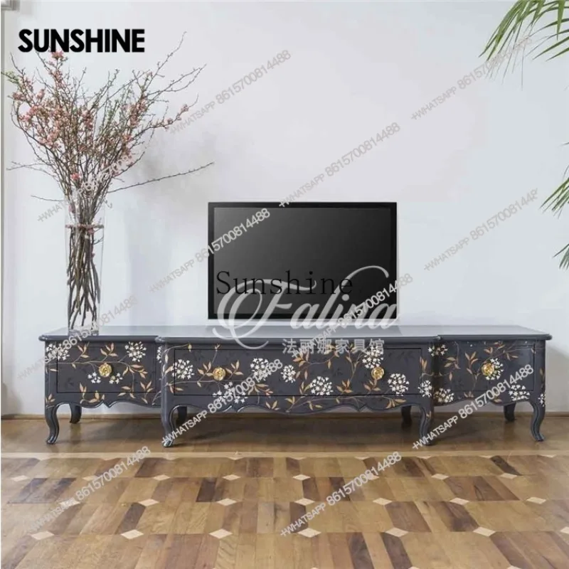 

American French painting living room solid wood TV cabinet coffee table combination foyer hand-painted light luxury style