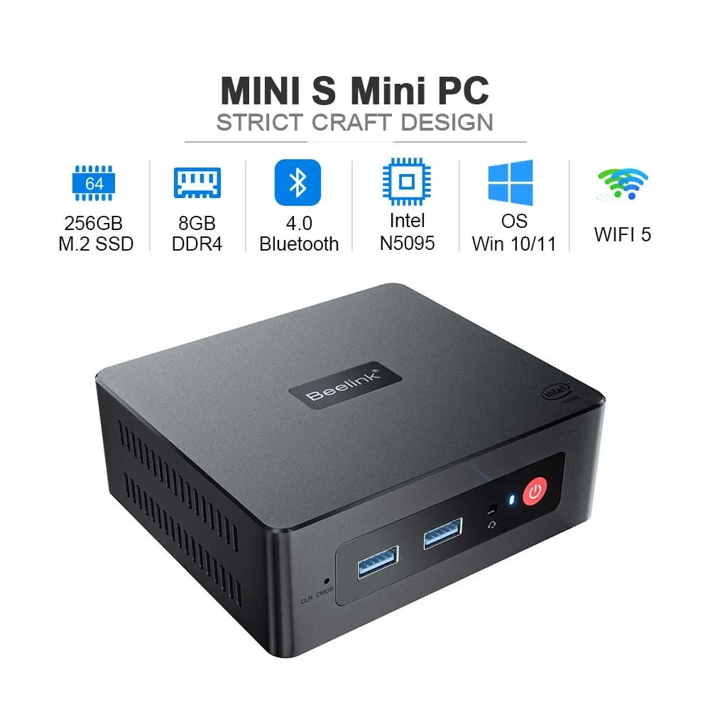 Beelink Mini S Windows 11 Mini PC Intel 11ª Geração Jasper Lake N5095 DDR4 8GB 128G 256GB SSD Dual Wifi BT4.0 1000M LAN Desktop