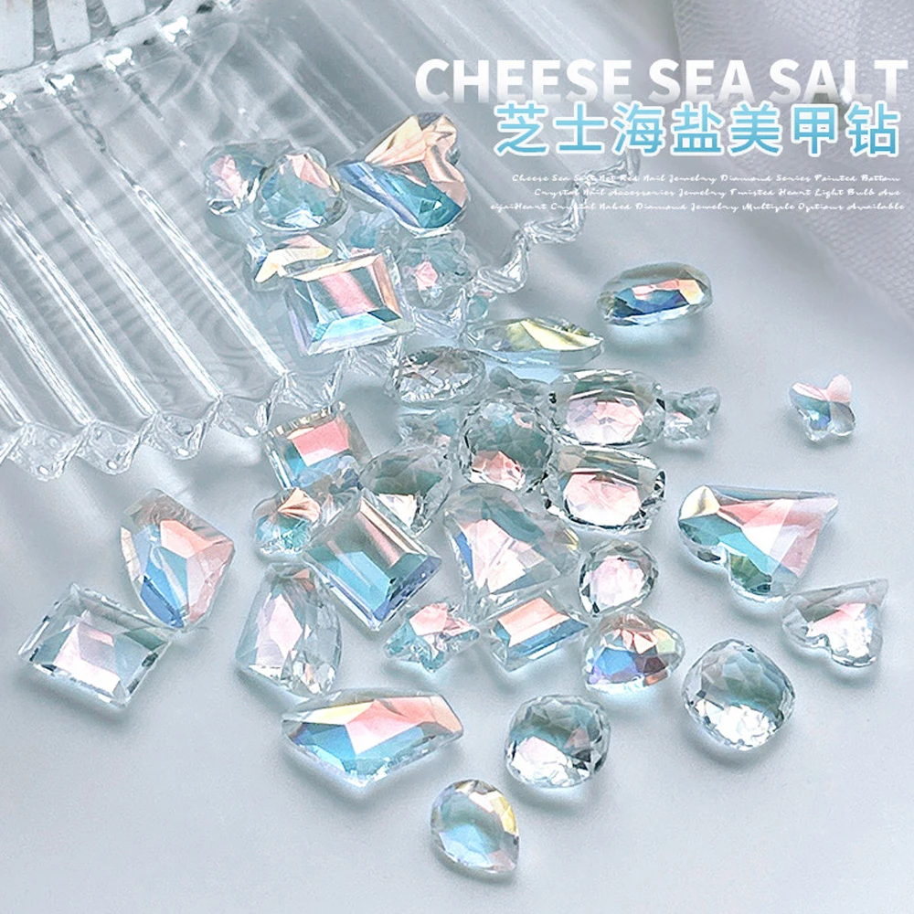 20Pcs Crooked Heart Fat Square Glitter Diamond Nail Art Charms 3D Cheese Sea Salt Colour Pointback Stone Crystals Nail Rhineston