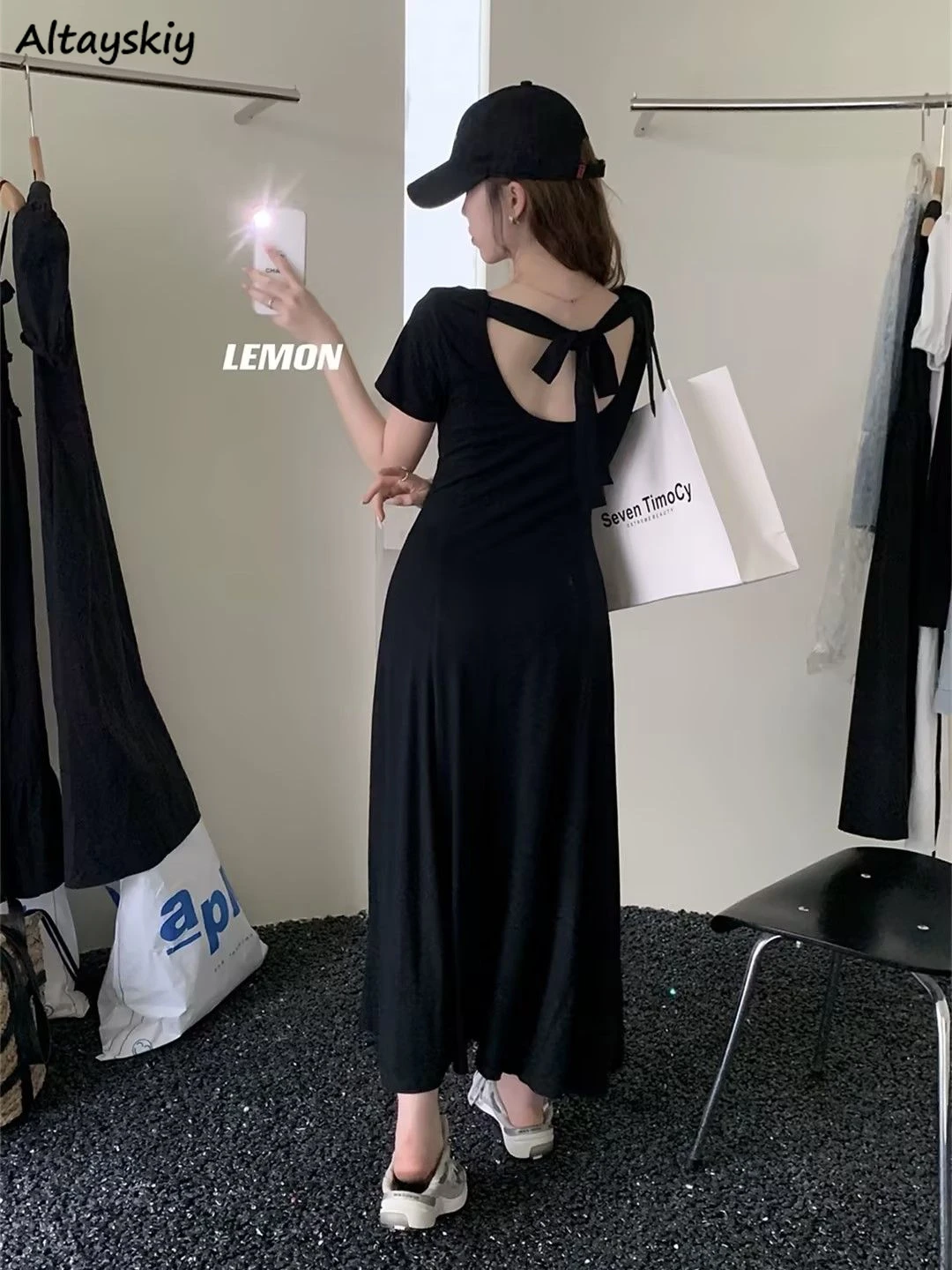 Black Backless Long Dresses Women Short Sleeve Summer Retro Defined Waist Solid Simple Korean Style Elegant Ladies Sundress BF