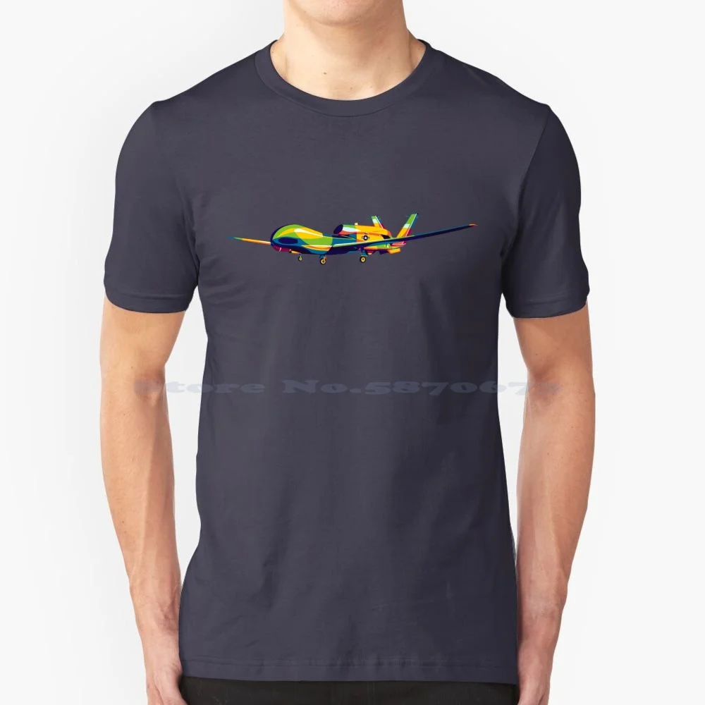 Rq-4 Global Hawk Flying In Pop Art Style T Shirt 100% Cotton Tee Aircraft Airplane Pilot Modern Aviation Lover Pop Art Color