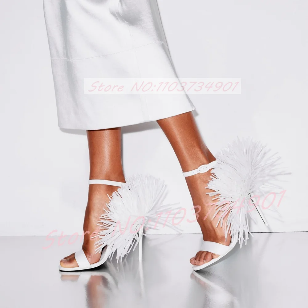 White Ruffles Fringe Cover Heels Sandals Women Ankle Strap Round Toe High Heels Sandals Elegant Wedding Summer Buckle Shoes view 3