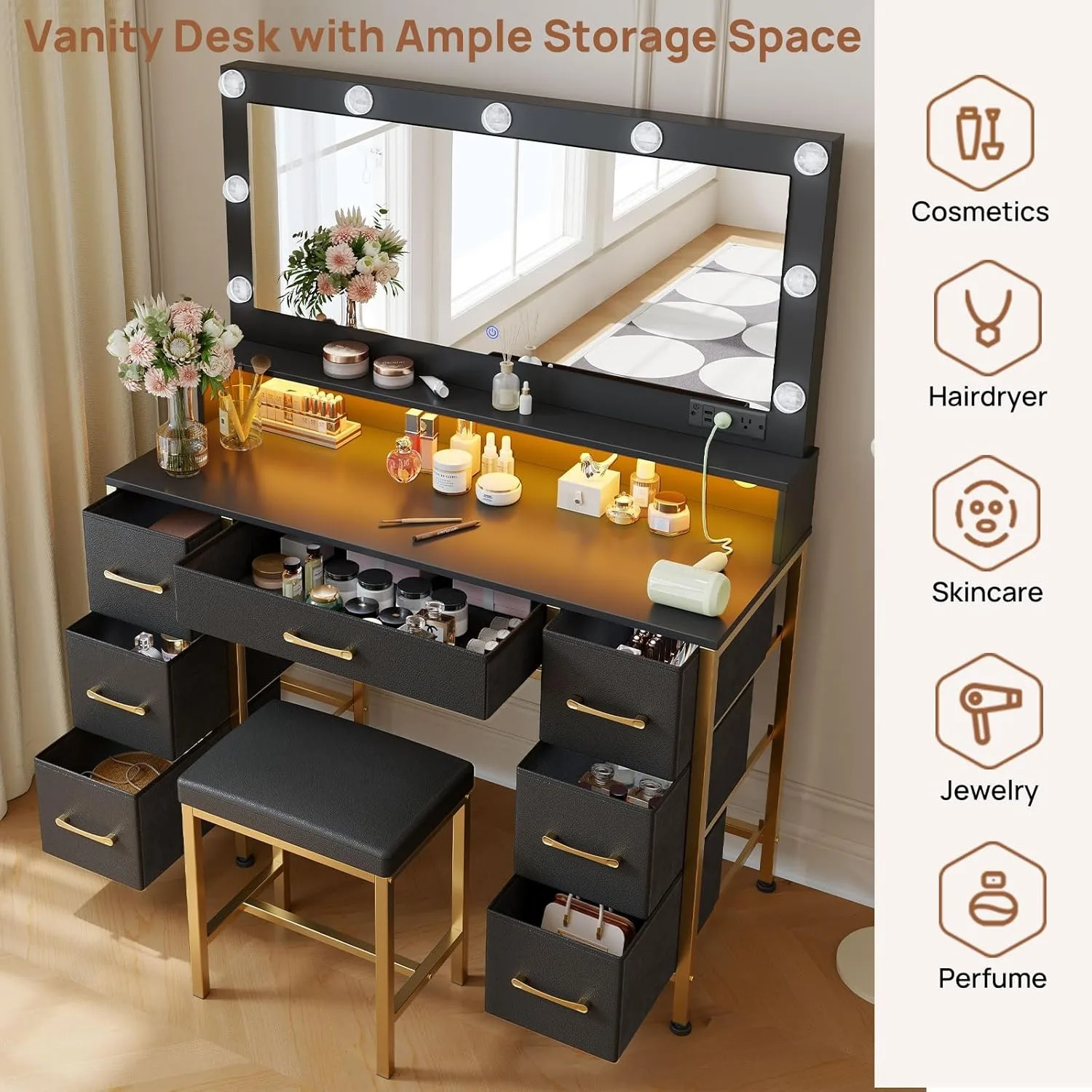 Vanity Desk with Mirror and Lights, Makeup Vanity with Upholstered Vanity Stool, 7 Drawers, 9 Dimmable LED Bulbs, Vanity Set image 3