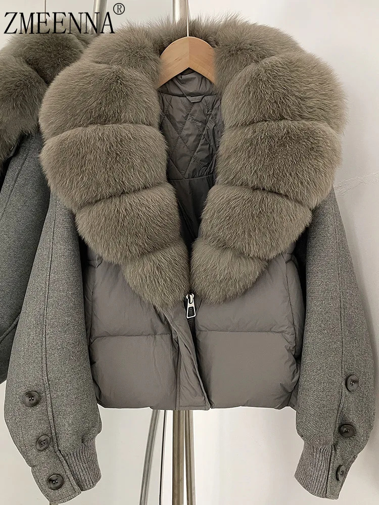 

ZMEENNA женский роскошный короткий пуховик с воротником из натурального меха, стеганое пальто-пуховик из смеси шерсти, рукава, манжеты на пуговицах, теплый ZM4328