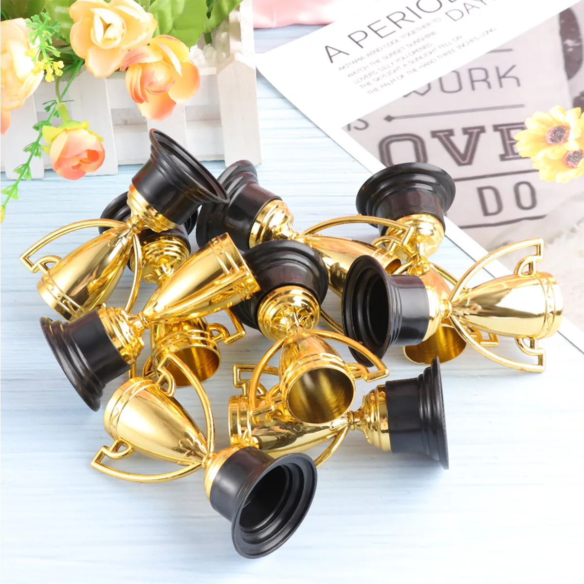 12Pcs Golden Mini Trophy with Plastic Base Party Game Prizes Classroom Rewards Award Ceremony Trophy for Spelling Bee Track