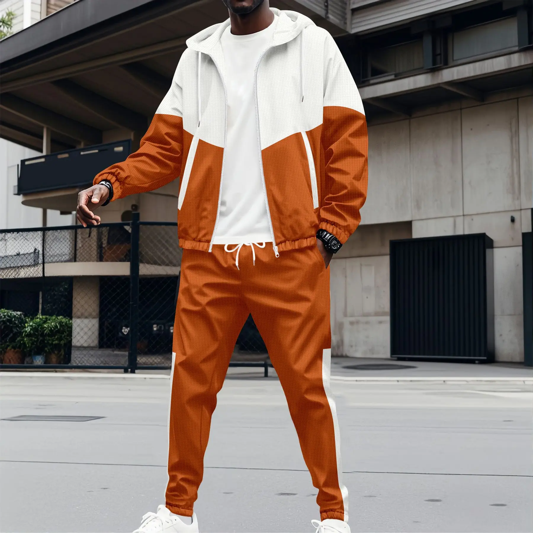 Men's sportswear double-pocket patchwork multi-color casual hooded jacket + pants. Casual sportswear coat suit. streetwear. view 2