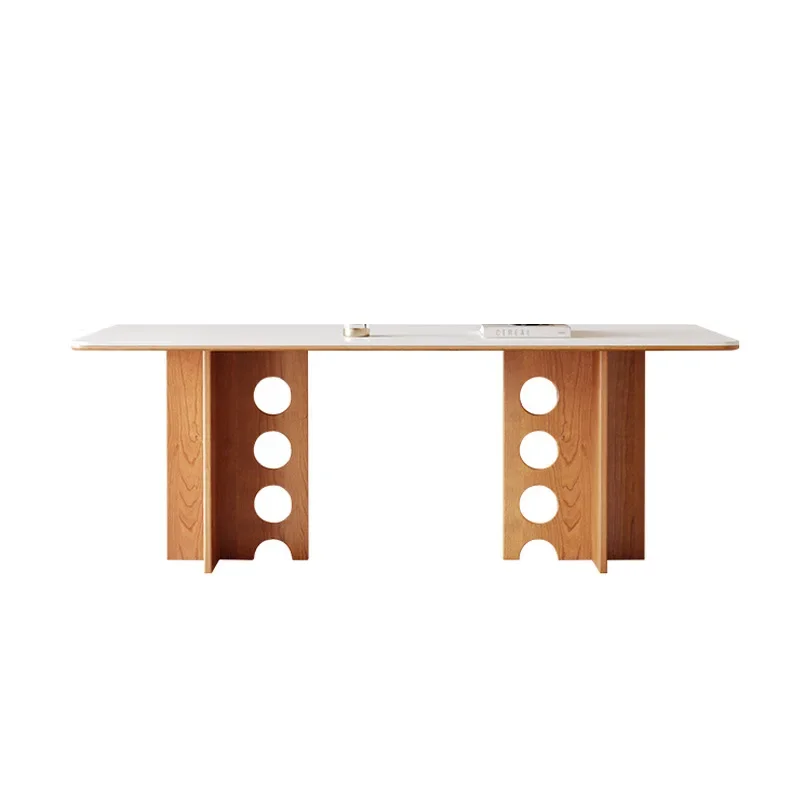 French cream solid wood rock slab dining table, small household, American retro, wabi sandy antique style