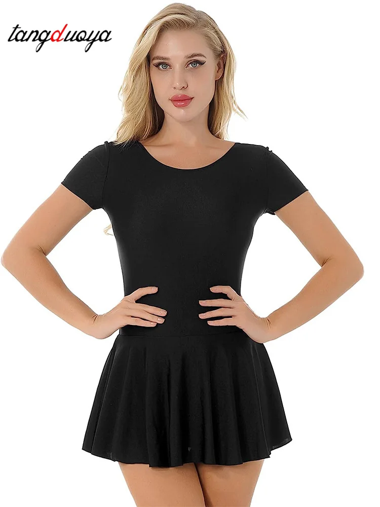 Women Glossy Silky Smooth Elastic Comfot Dress Crew Neck Tight Pleated Body Skirt Ballet Yoga Sport Fitness Dress Clubwear
