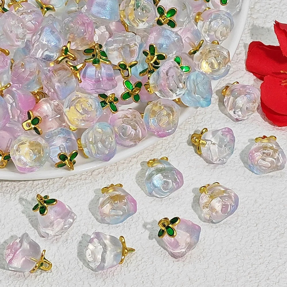 10/20Pcs Rose Flower Glass Charms Pendants Gradient Translucent Rose Buds for DIY Bracelet Necklace Jewelry Making