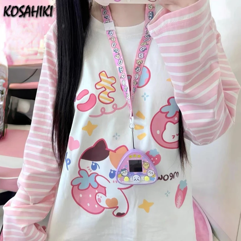 Japanese Patchwork Pink Stripe Casual T-shirt Autumn Cartoon Printing Harajuku Tops Grunge Kawaii Cute Y2k Aesthetic Tshirts