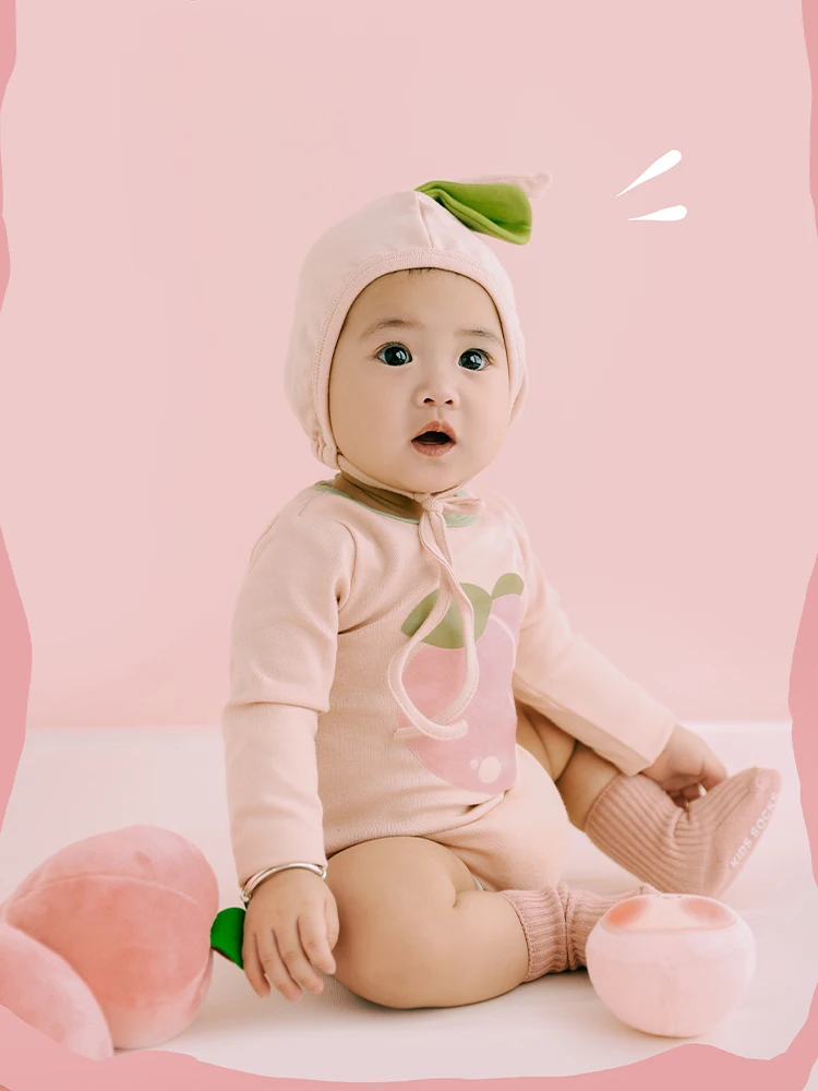 Mono estampado para bebé de 100 días, sombrero con forma de melocotón, traje de fotografía, accesorios de melocotón rellenos, estudio infantil, accesorios de tiro con tema de fruta