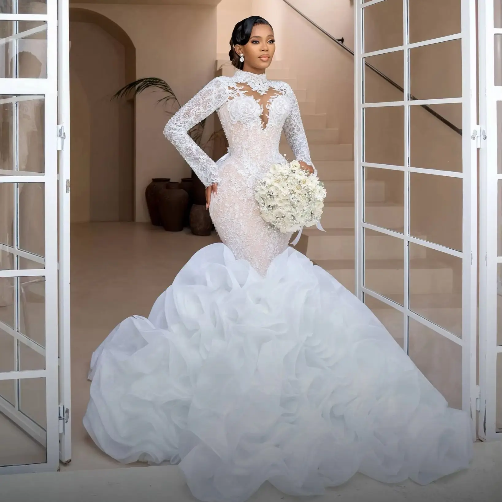 

Modest Wedding Dress For Bride Marriage Long Sleeves Puffy Tiered Skirt Bridal Gown Luxury Customized vestido de novia