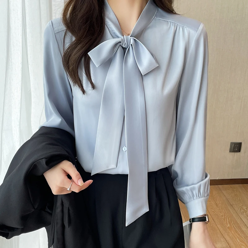 

High-End Anti-Wrinkle Pure Silk Women's irt with Belt Long Sve Spring Autumn Satin Surface Big Brand Top