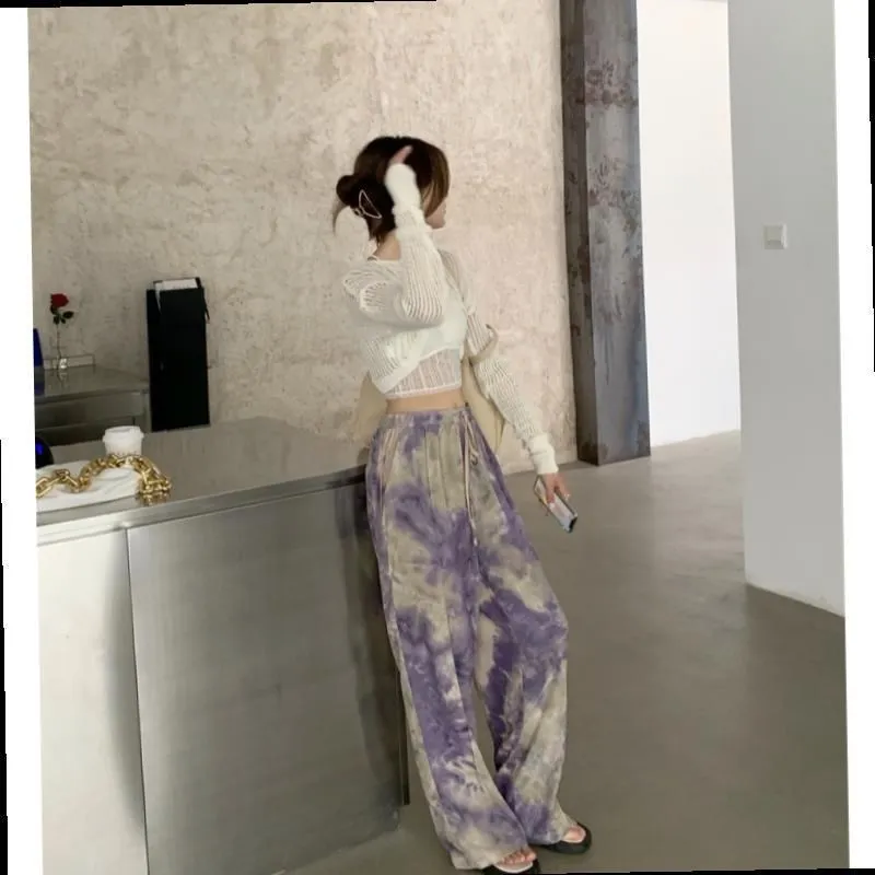 하이웨이스트 와이드 레그 팬츠 여성용 루즈핏 스트레이트 트로 바지 롱 레깅스 티 아세테이트 섬유 100% 가을 시즌