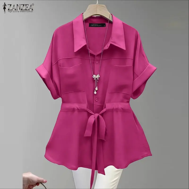 ZANZEA Woman Summer Solid Color Short Sleeve Shirts, Button Up Drawstring Waist Collared Tunic Tops, Casual Work Wear Chemises