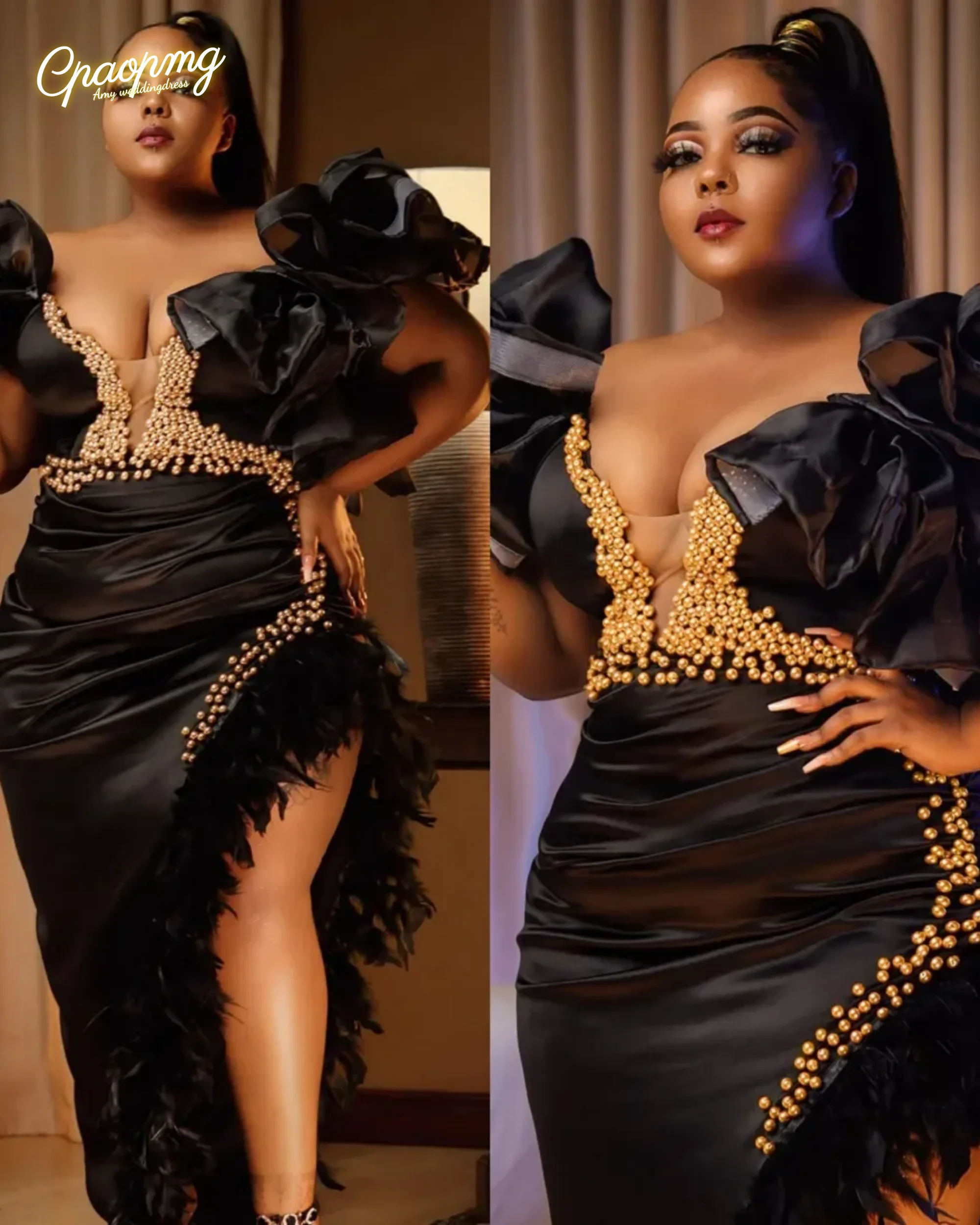 Customized Plus size PROM dress Black V-neck Sexy mermaid Feather Pearl Birthday party Engagement  Evening dress