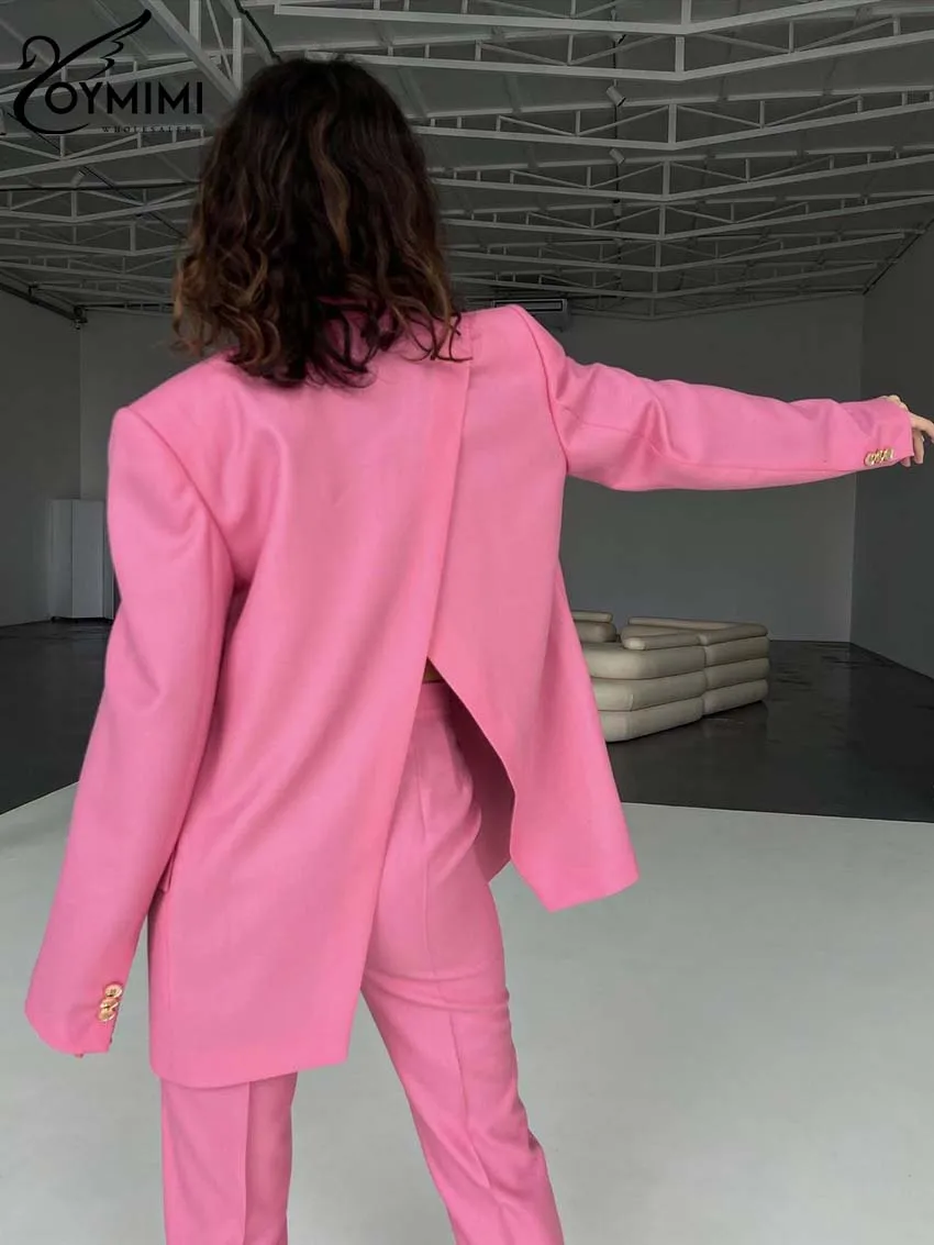 Oymimi Fashion Pink Office 2 Piece Sets Women Outfit Elegant Lapel Long Sleeve Button Shirt And Slim Ankle-Length Pants Sets