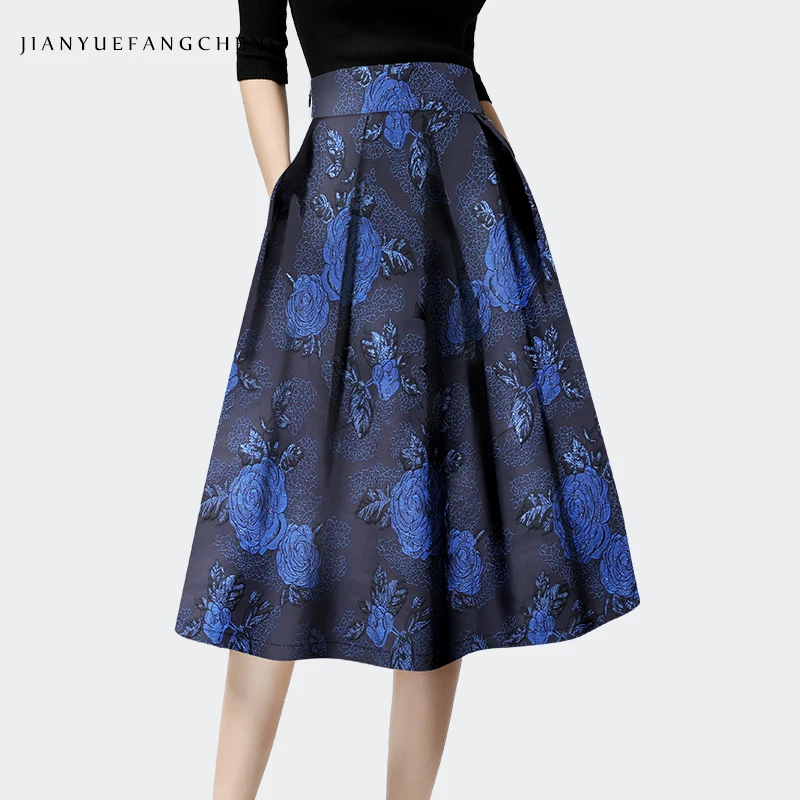 

Women' Vintage Embroidered Blue Floral Skirt High Waist A-line Pleated Mid-Length Skirts With Pockets 2024 Spring New