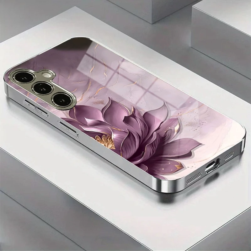 Violet flower patterned glass phone case suitable for Samsung Galaxy S26 S25 S24 S23 S22 S20 FE/Ultra/Plus anti drop back cover