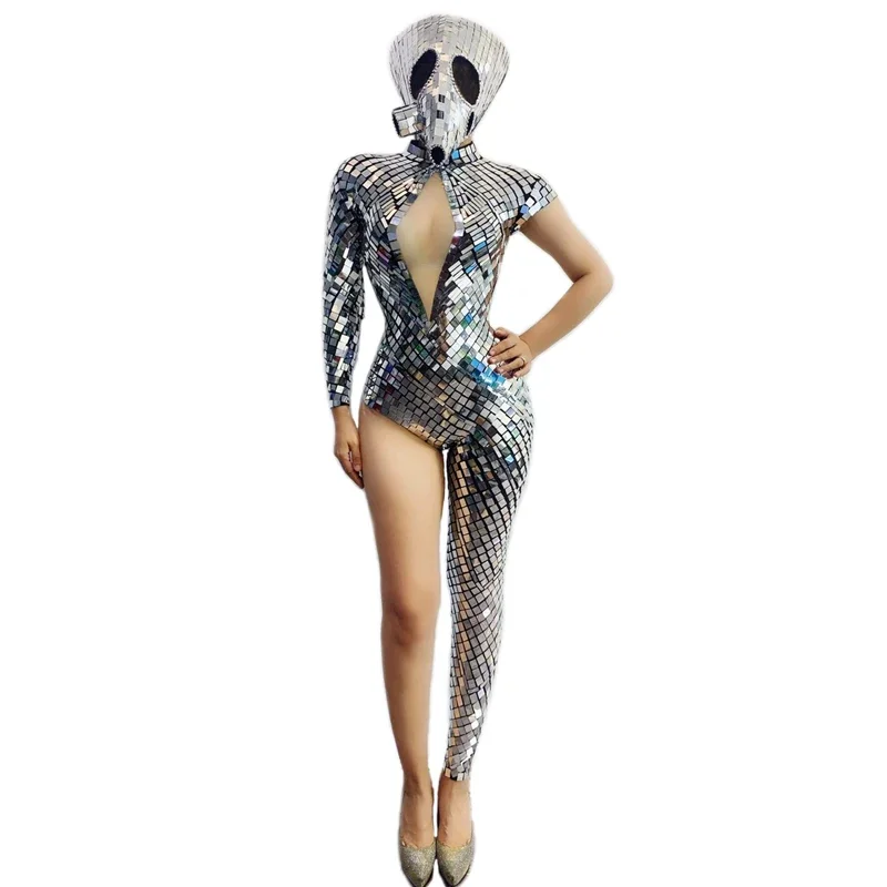 Sparkly Mirrors Jazz Costume Sexy Single Sleeve Leg Silver Lens Jumpsuit Skull Headgear Women Nightclub Ds Dj Pole Outfit