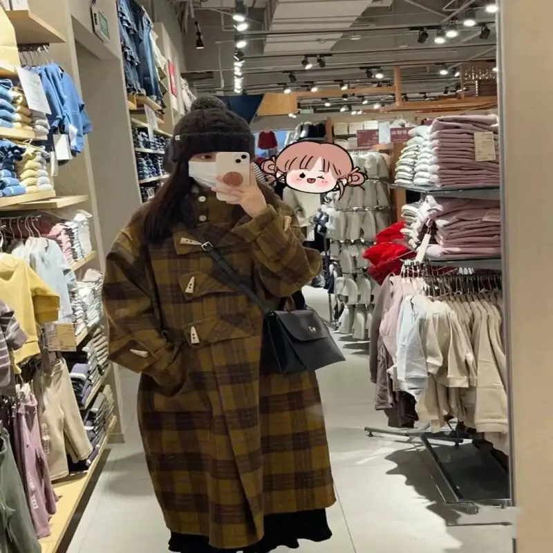 Kawaii модные топы для девочек, студенческая повседневная женская одежда с героями мультфильмов, шерстяное пальто с роговой пуговицей, твидовое пальто с узором «елочка», стиль Хепберн