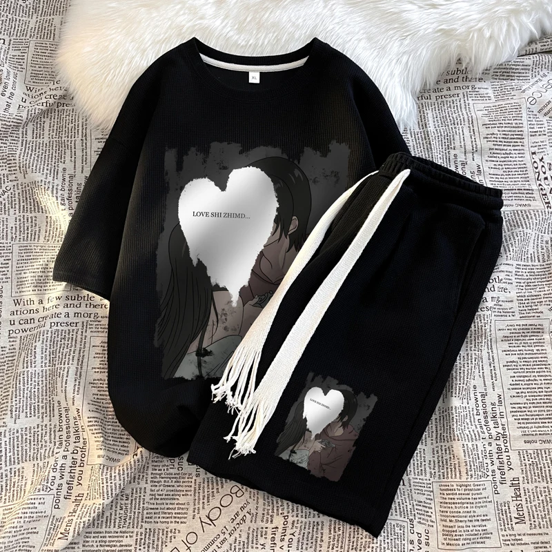 Men T Shirt Shorts 2 Pcs Sets couple love print Short Sleeve Tracksuits Male Print Oversized T-shirts Suits Mesh Sportswear Sets