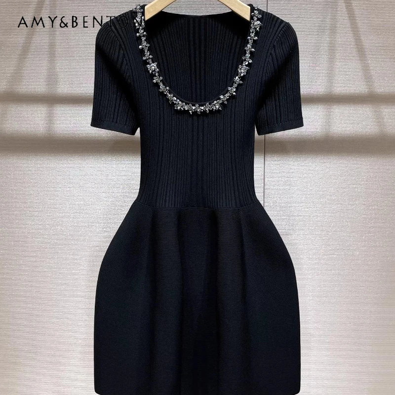 

2026 Spring New Knitted Women's Black Dress Birthday Party Evening Gown Beaded U-Neck Elegant Slim Short-Sleeve Dresses Ladies