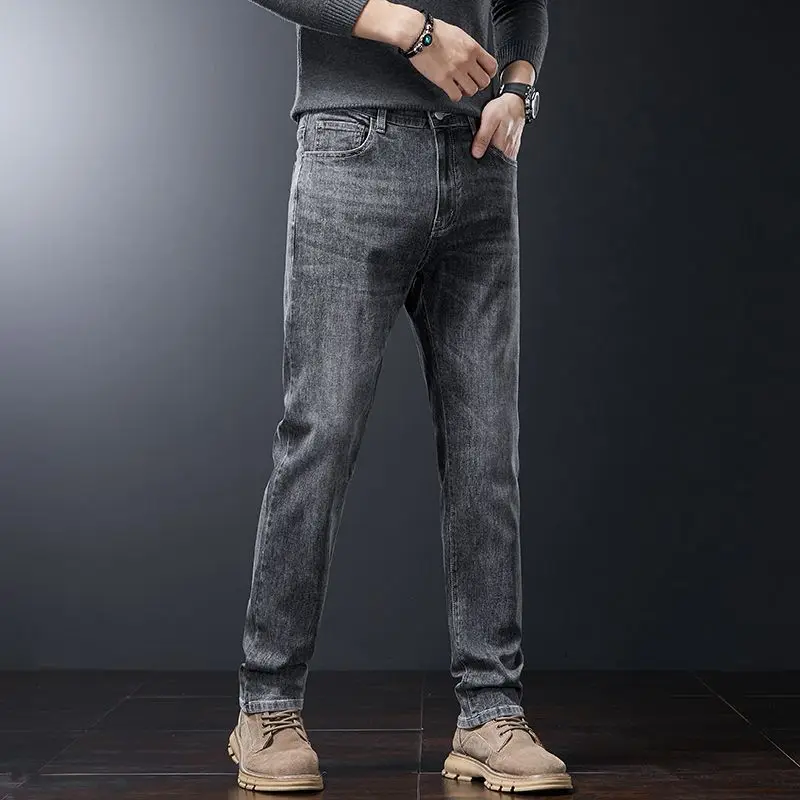 الفاخرة الخريف الشتاء سميكة لينة الجينز الرجال مرونة الخصر فضفاض مستقيم التنفس سراويل جينز الذكور موضة تنوعا بنطلون