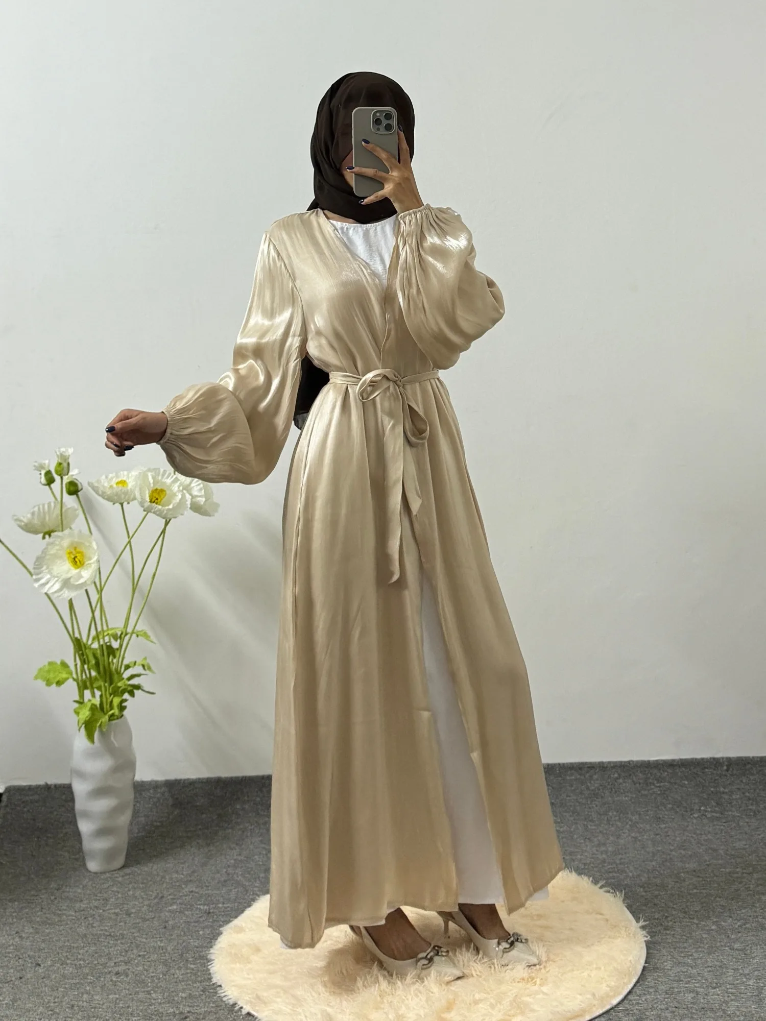 Muslim Open Front Abayas Long Sleeve Wearout Kaftans Maxi Dress With Belt Women Jilbabs Women\'s Clothing Dubai Robe Caftan