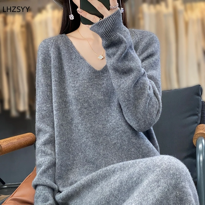 LHZSYY-Robe mi-longue à col en V pour femme, pull grande taille, pull chaud, jupe longue en tricot décontracté, 100% pure laine