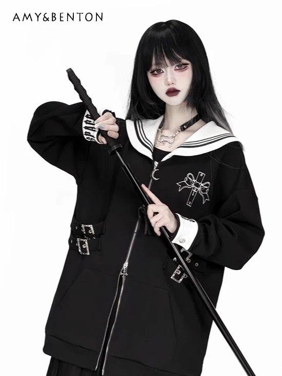 

Subculture Gothic Embroidery Splicing Color Navy Collar Long-sleeved Jacket Japanese Mine Punk Style Oversized Zipper Jackets