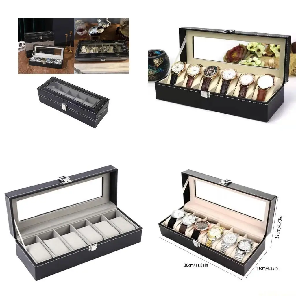 

D46E Gorgeous 6 Slot PU Leather Watch Box Display Holder Watch Jewelry Storage Box with Glass Lid More Fast to Find Treasure