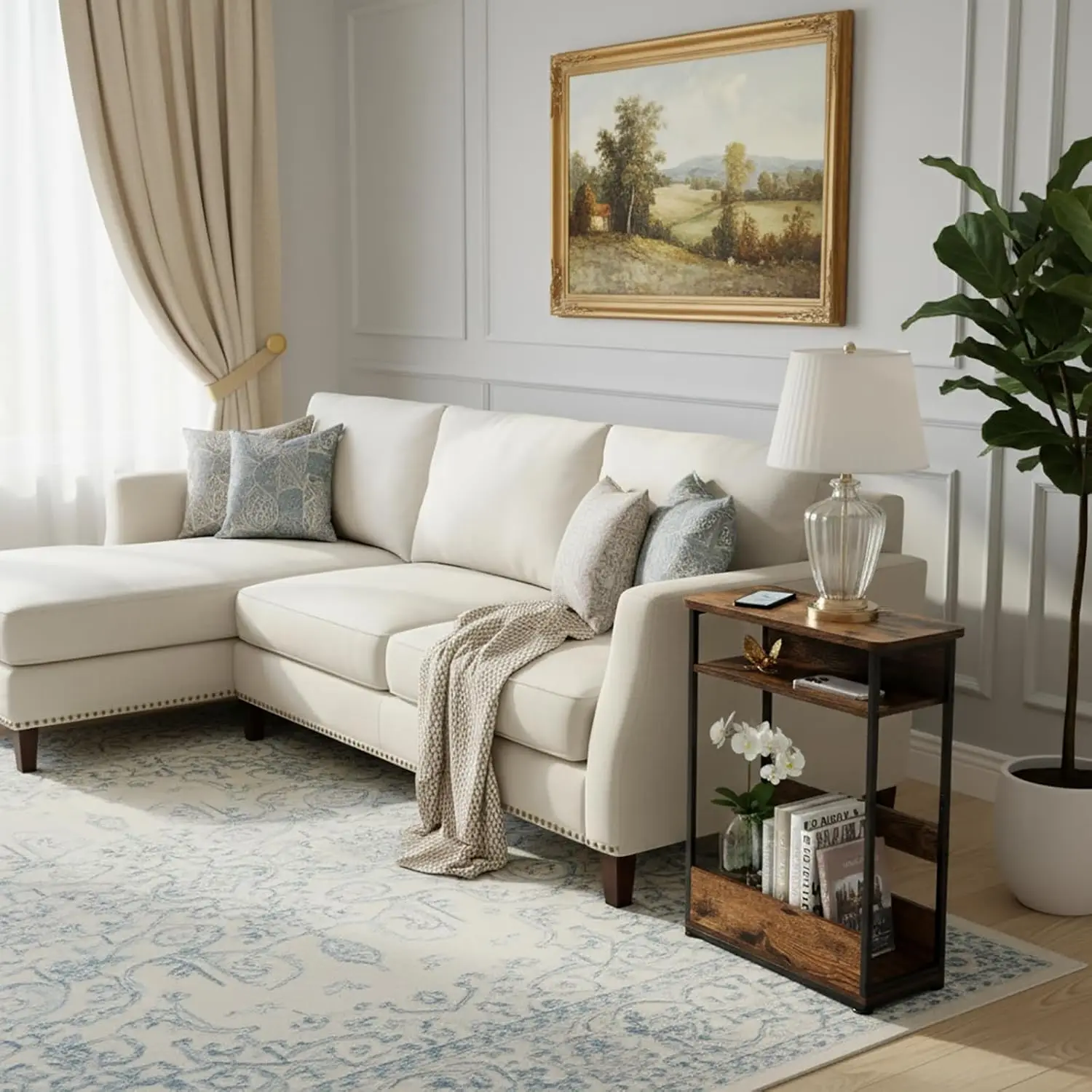 طاولة جانبية رفيعة من 3 طبقات مع رف تخزين، طاولة نهاية ضيقة حديثة للمساحات الصغيرة، بني #6