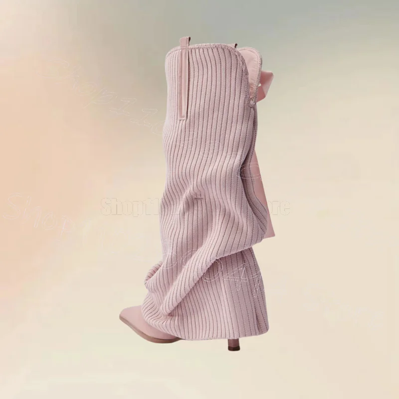 Botas de punto de lana rosa con lazo y punta estrecha, Zapatos sin cordones Para Mujer, tacones finos, fiesta, citas, 2025