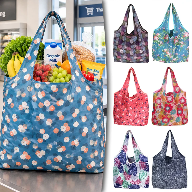 1/2/3/4/5/6Pcs Reusable Foldable Shopping Bags 46x66cm Large Waterproof Tote with Pouch Floral Prints for Grocery Market TMZ