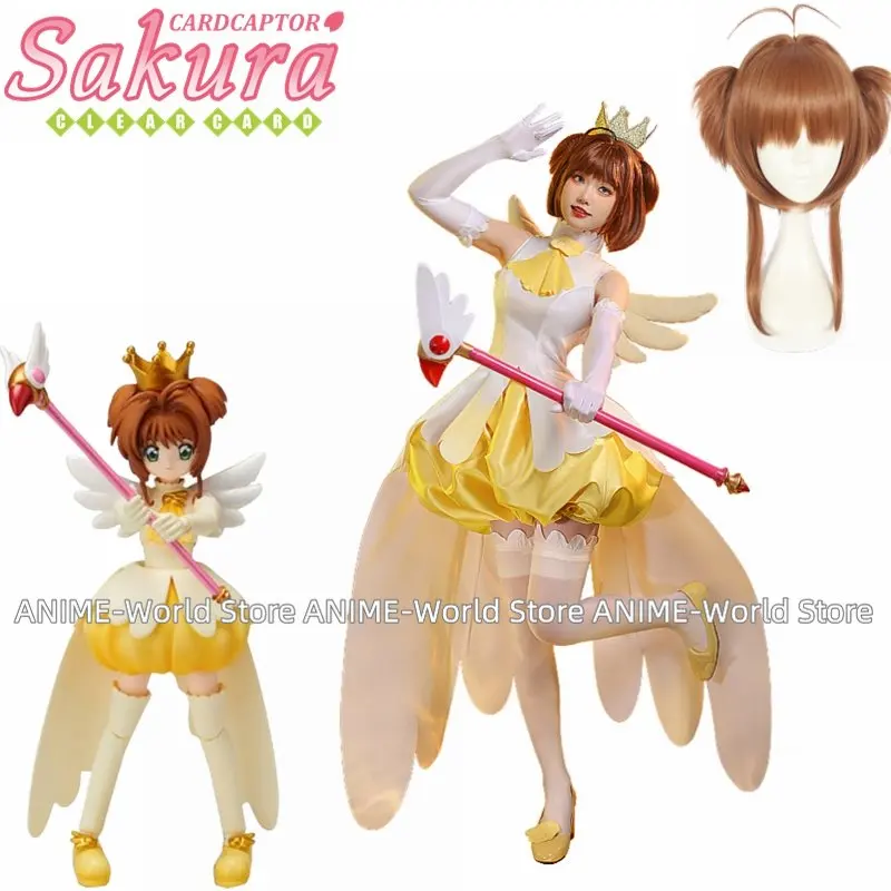 

Anime Cardcaptor Sakura KINOMOTO SAKURA Yellow Lolita Uniform Party Dress Cosplay Costume Women Halloween Wig Props Wing