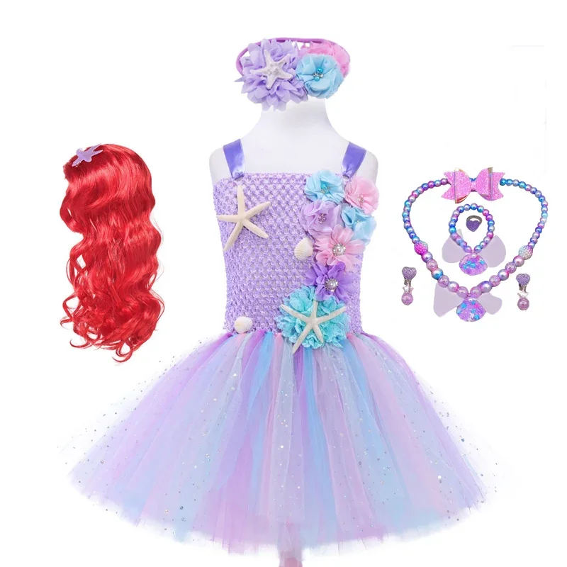 2-12y Girls Pastel Ariel Mermaid Tutu Dress Under the Sea Theme Birthday Party Costume with Flower Headband Ocean Flower Dresses