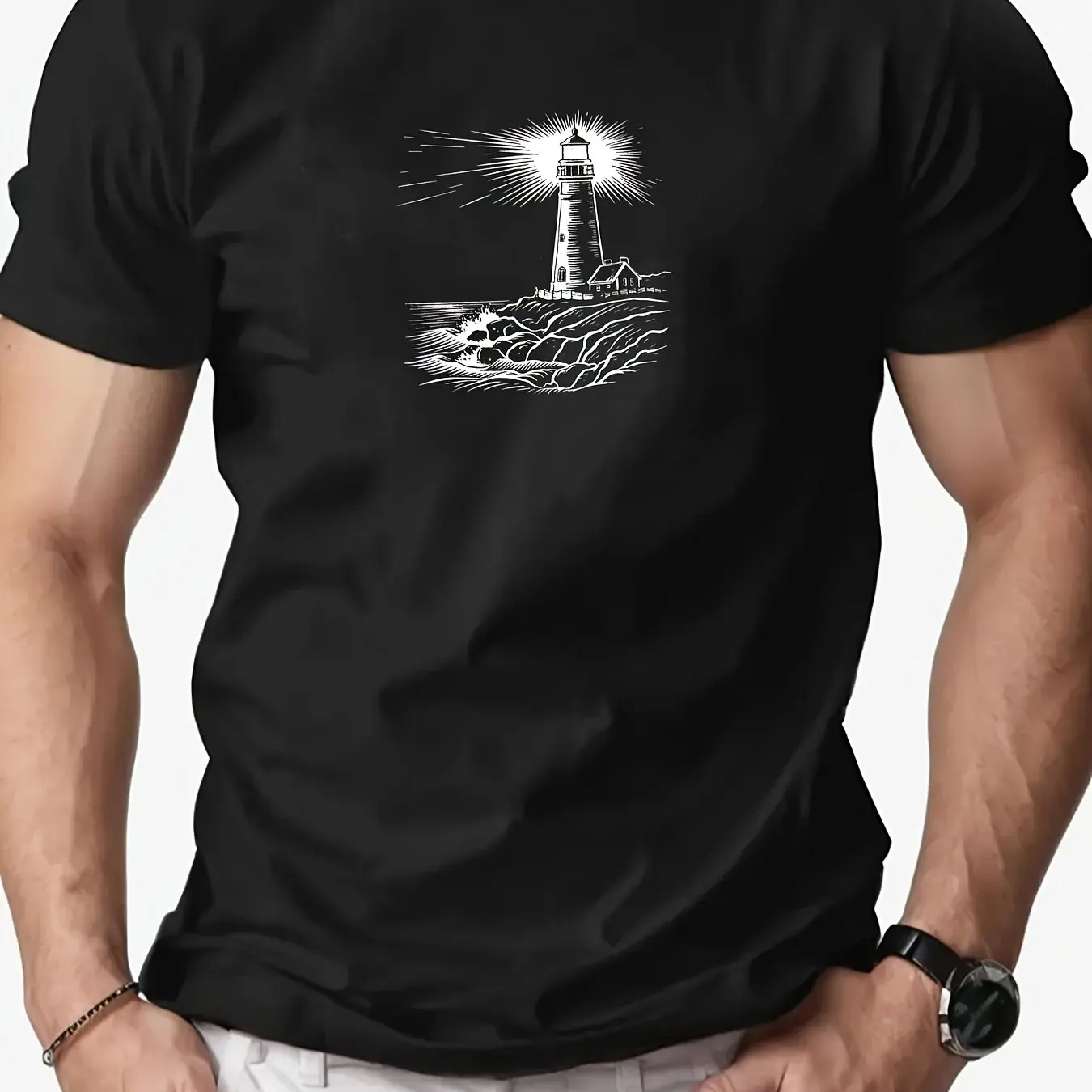 Men and Women Lighthouse Pattern Summer Casual Short-Sleeve T-Shirt Men Clothing Comfortable