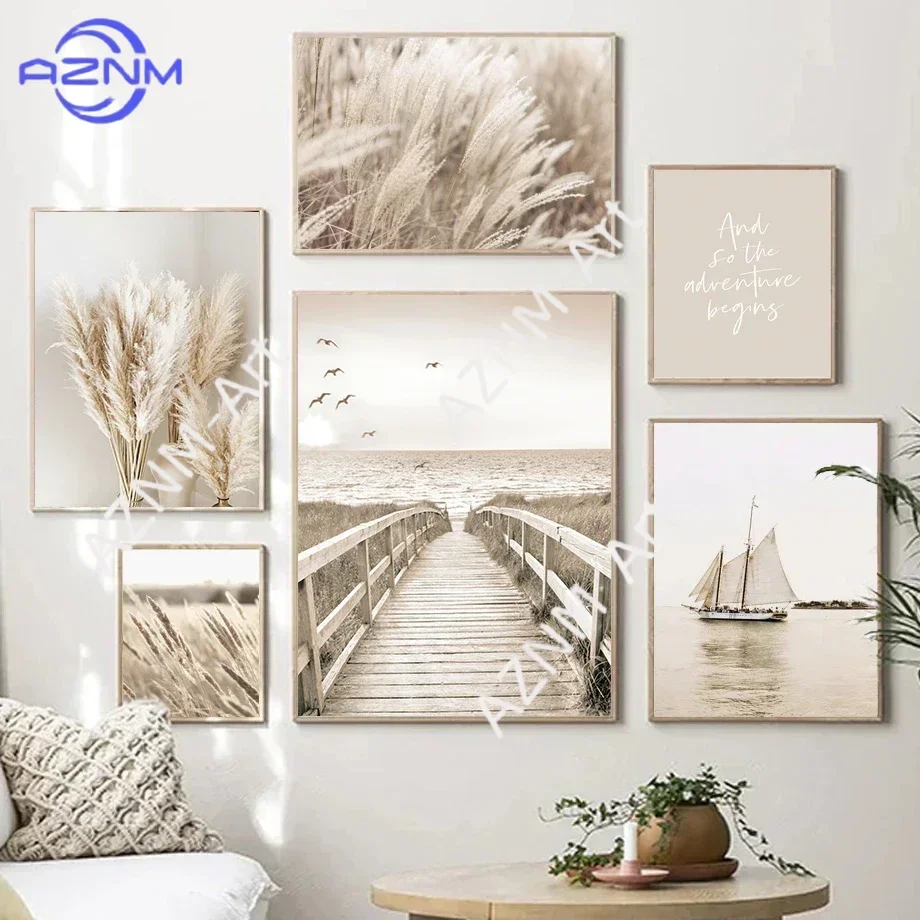 Beige Blumen-Gras-Landschaft Wandkunst Poster Leinwandgemälde Bohemien Strand Landschaftsbilder Drucke Nordische Moderne Wohnraumdekoration