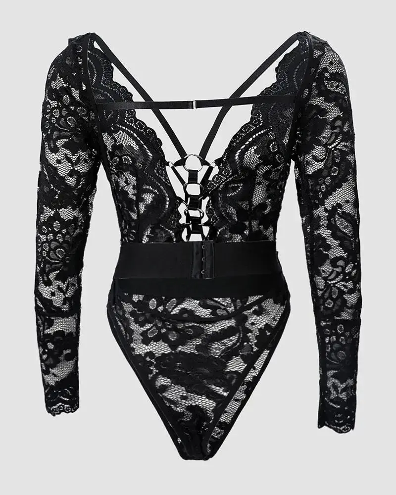 Ellolace Fantasy Bodysuit Deep-V Halter Lace Up Peekaboo Bra Body Long Sleeve Backless Open Crotch Adult Tops Fancy Bodysuits