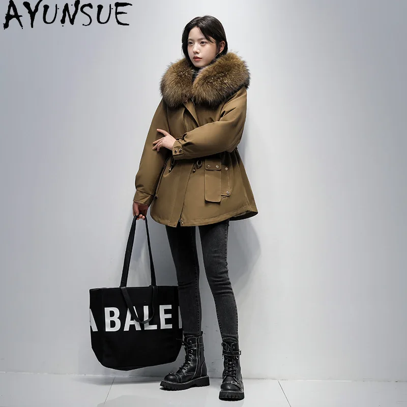 

AYUNSUE Real Rex Rabbit Fur Coat Women 2025 Real Fur Coats Winter Clothes Raccoon Fur Collar Hoodie Womens Parka Шуба Женская