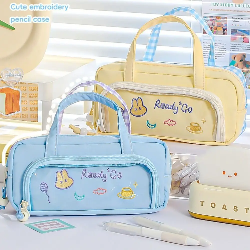 Creative Cartoon Pencil Case Embroidery Double Sided Pattern Handheld Stationery Organizer Large Capacity Handbag