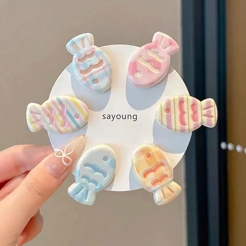 6Pcs Soft Cute Candy Color Small Fish Hairpin Fresh Grid Stripe Cartoon Side Clip Girl Heart Sweet Hairpin Hair Clips for Women